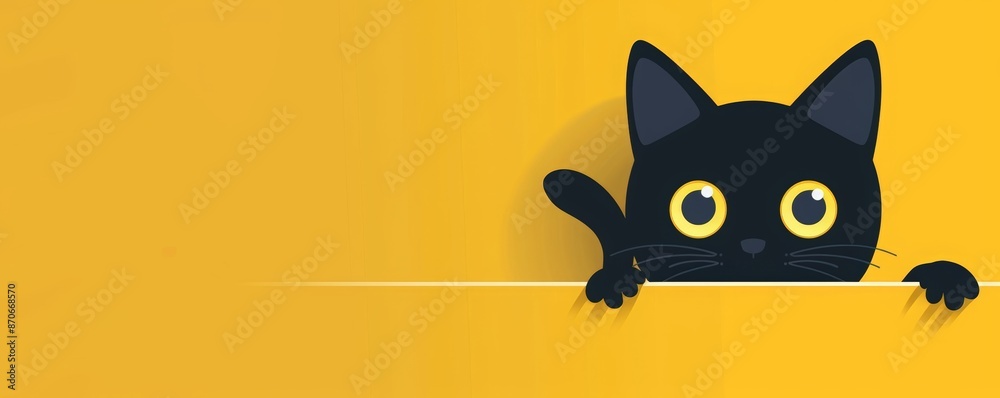 Cute black cat peeking from top corner of yellow background vector ...