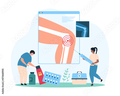 Diagnosis and treatment of osteoarthritis, rheumatoid arthritis and rheumatism, awareness of knee joint disease. Tiny people research xray of patient knee with inflammation cartoon vector illustration