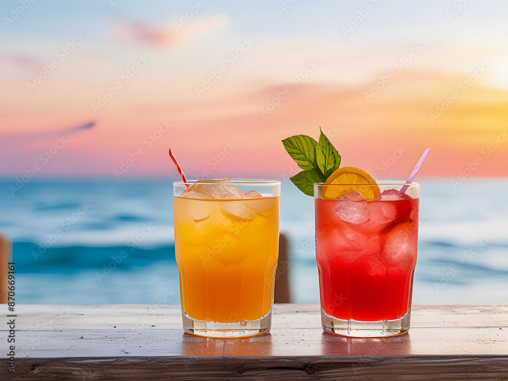 Obraz premium 여름 해변에서 마시는 칵테일, Cocktail at the beach in summer