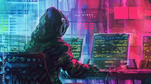 Digital Art of Hacker at Workstation Symbolizing Cybersecurity and Coding © Rade Kolbas
