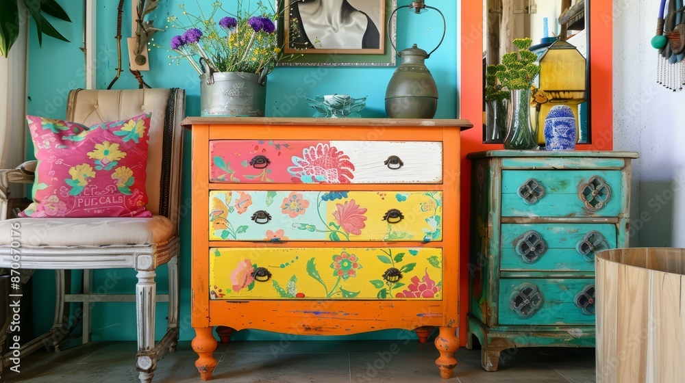 Naklejka premium Upcycled furniture with vibrant paint and creative uses