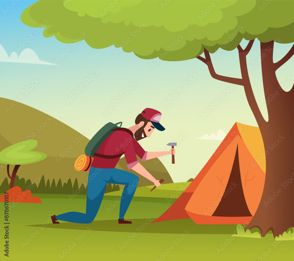 camp in wood. adventure in forest man building tent vector background in cartoon style camp in wood. adventure in forest man building tent vector background in cartoon style