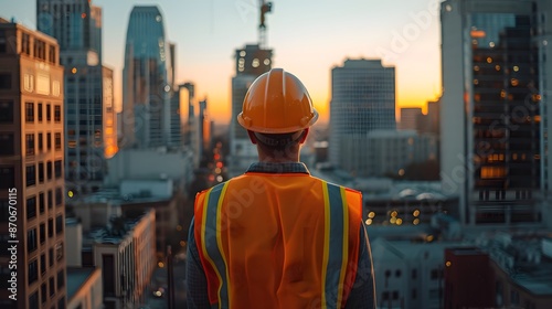 A construction worker wearing an orange helmet and yellow vest stands on the site of their project, watching workers working in blurry focus at sunset.