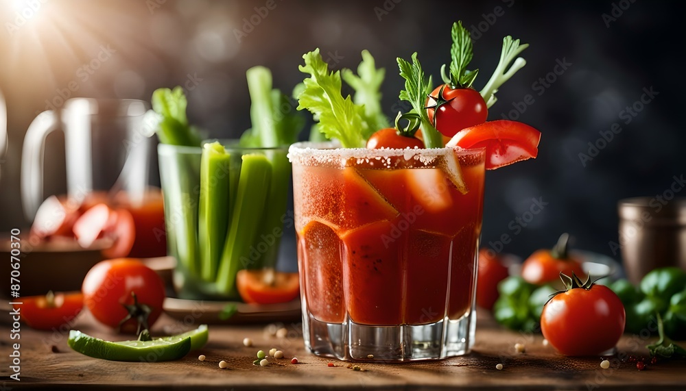 Spicy Bloody Mary Alcoholic Drink with a tomato garnish
Spicy Bloody Mary Alcoholic Drink with a tomato garnish