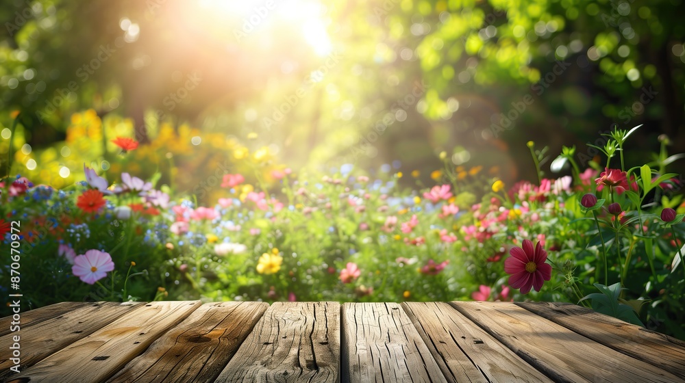 Empty wooden table with beautiful flowers in garden, on blurred background, space for text Empty wooden table with beautiful flowers in garden, on blurred background, space for text
