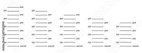 Set of scales 600, 550, 500, 450, 400 ml liquid volume. Measuring milliliters cup, jug to preparing cooking. Graphic template isolated on white background.
