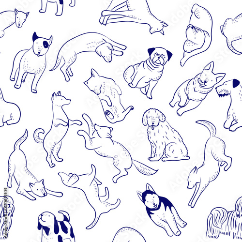 dogs pattern. hand drawn seamless background with domestic animals dogs in different poses