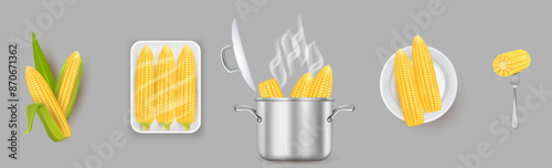 Boiled sweet corn cobs cooking stages realistic vector illustration set. Delicious seasonal food preparation recipe
