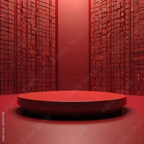 Red pedestal of platform display, Stand podium on red room background, Generative AI 