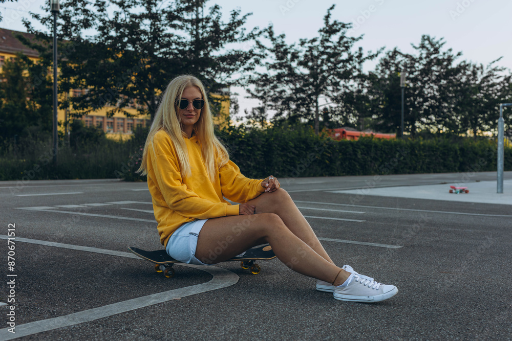 Fototapeta premium a young blonde girl in a yellow sweatshirt rides on the skateboard in the skate park