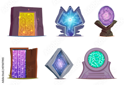 Magic portal. Fairytale game entrance futuristic doors glowing frames exact vector game assets