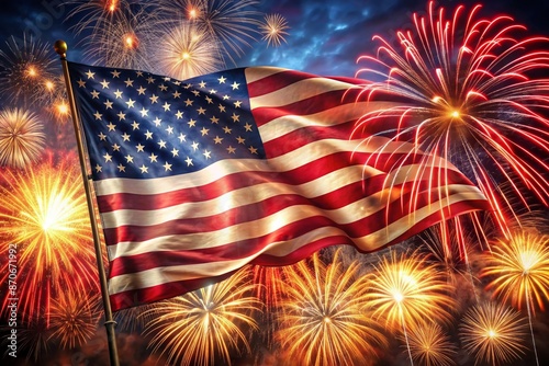 The US flag with fireworks in the sky. Independence Day is July 4th outdoors. photo