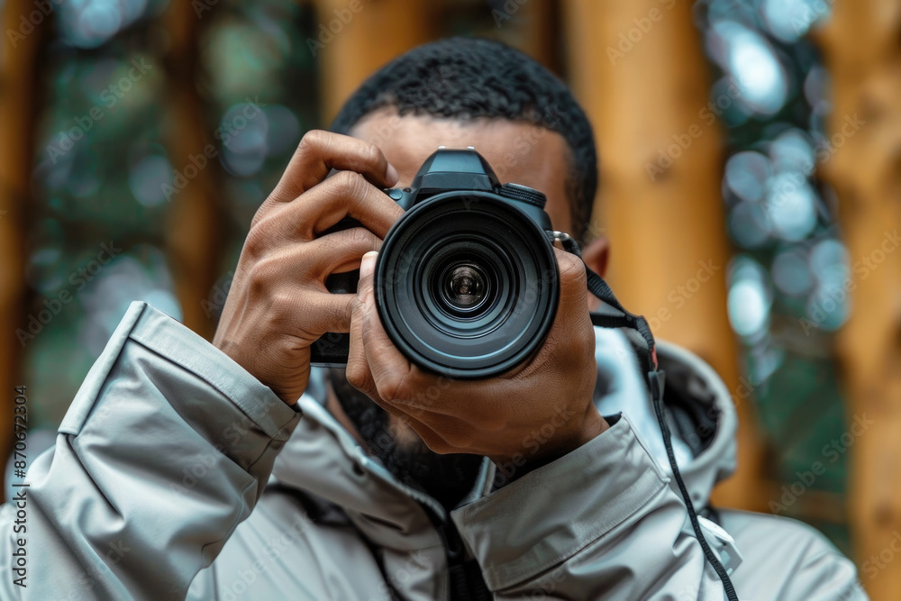man hand holding camera looking through lens. ai generated man hand holding camera looking through lens. ai generated