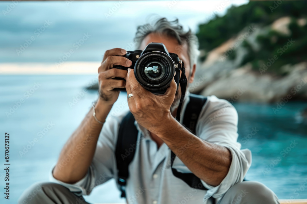 man hand holding camera looking through lens. ai generated man hand holding camera looking through lens. ai generated