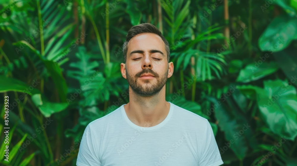 Focused man practicing deep breathing exercises in a lush green forest, breathwork, inner calm, nature connection Focused man practicing deep breathing exercises in a lush green forest, breathwork, inner calm, nature connection