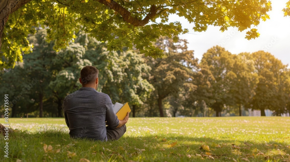 Man reading a book under a large oak tree in a quiet park, dappled sunlight filtering through the leaves, relaxation, outdoor peace