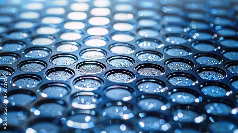 Fototapeta premium Close-up of a Blue Well Plate with Water Droplets