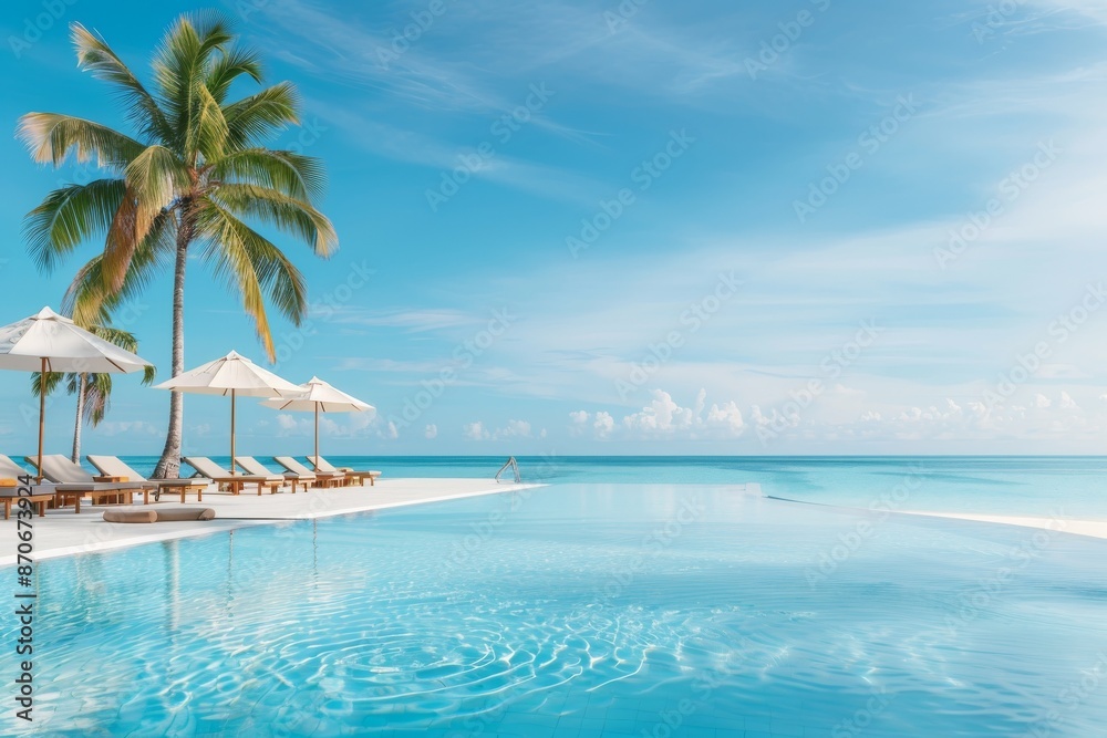 Tropical beach paradise with palm trees, sun loungers, and an infinity pool overlooking the ocean. Perfect vacation destination for relaxation. Tropical beach paradise with palm trees, sun loungers, and an infinity pool overlooking the ocean. Perfect vacation destination for relaxation.