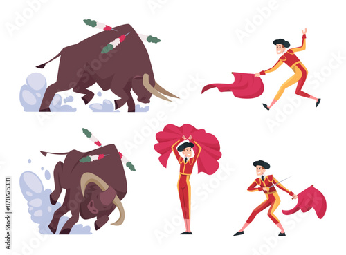Bullfighting. Spanish authentic traditional performance corrida bullfight with torreodor on arena exact vector template