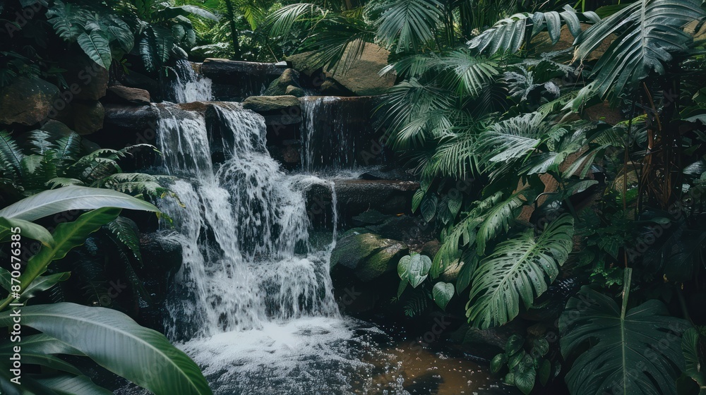 Obraz premium A Tranquil Waterfall Amidst Lush Greenery