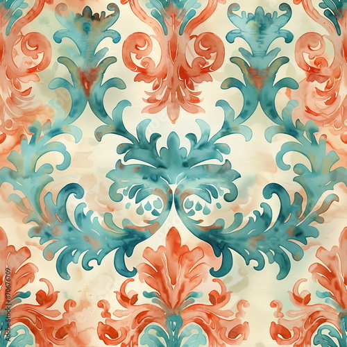 Venetian pattern in Turquoise, coral, and sand, watercolour style, seamless pattern, vintage, interior tile ornament, textile, wrapping paper, clothes, print, floor, kitchen, bathroom, decor