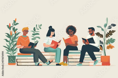 Back to school, book club discussing summer reads, flat design illustration photo