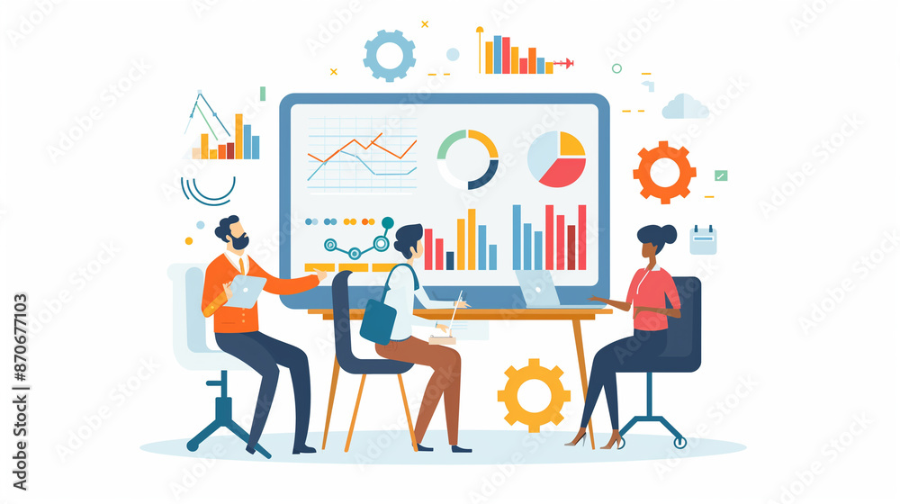 Flat illustration depicting a modern business scene for a website hero section. It features professionals engaged in discussion, charts, and graphs, with a minimalist design and a vibrant colors. Flat illustration depicting a modern business scene for a website hero section. It features professionals engaged in discussion, charts, and graphs, with a minimalist design and a vibrant colors.