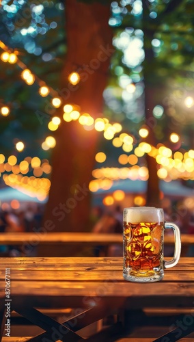Oktoberfest Focus on a server with beer mugs with blur lively tent background, under bright festival lights, in a cheerful style, with space on the left for text