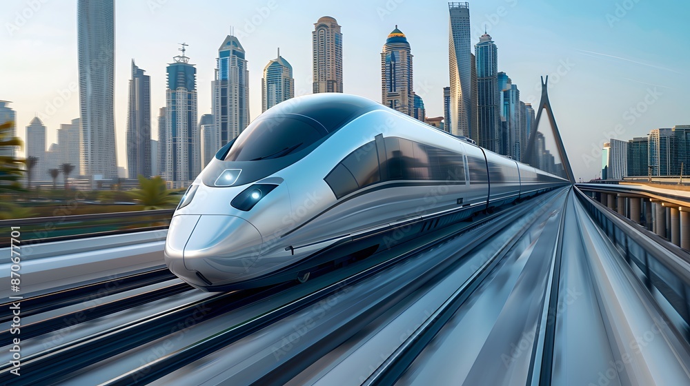 Fototapeta premium A high-speed train is driving on the bridge, with city buildings in behind it. The exterior of the white and silver bullet-shaped carriage features streamlined lines.