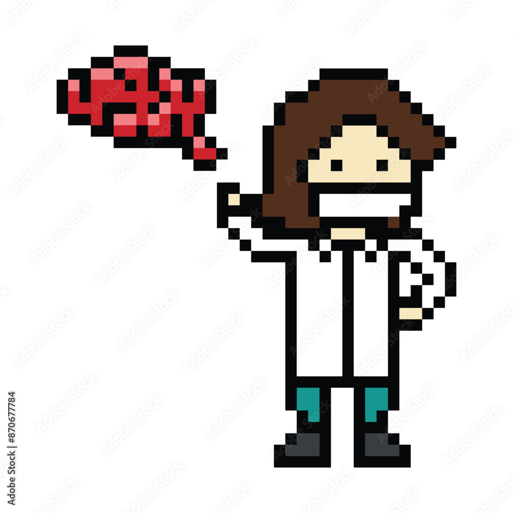 Fototapeta premium Cute pixel cartoon 8bit character woman doctor or scientist game care for decoration pharmacist female doctor in hospital 8 bit male pixel art PNG vector.