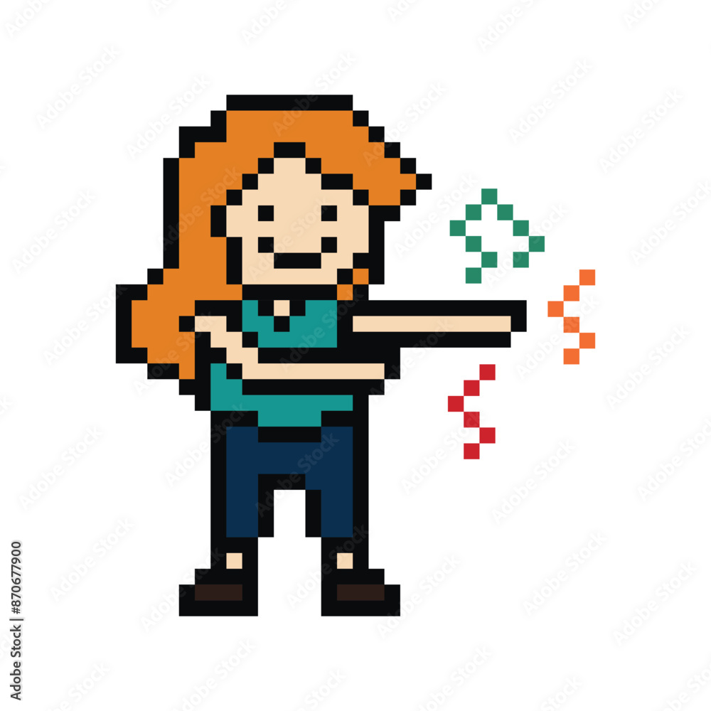 Obraz premium Cute pixel cartoon 8bit character woman exercises training dance lifestyle music decoration life style 8 bit female girl dance with music game fitness isolated PNG vector.