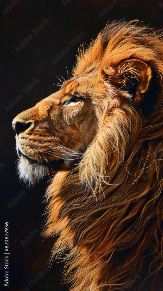 Naklejka premium Majestic lion profile on dark background, powerful and regal concept