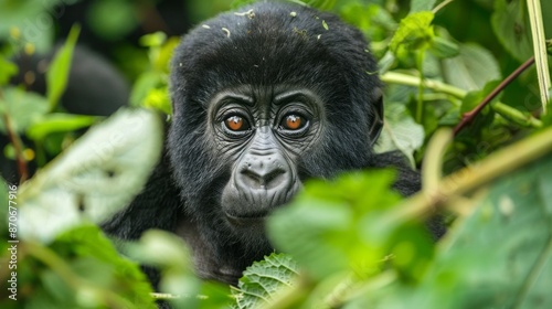 A mountain gorilla, partially concealed by vibrant green foliage, gazes directly at the camera, revealing its inquisitive and intelligent eyes