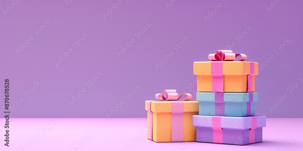 Stack of colorful gift boxes tied bright vivid colored bows. Joy, anticipation of receiving presents. Beautiful gift boxes heap on purple color. Gift box set in pile. Distinctive present boxes. Sale Stack of colorful gift boxes tied bright vivid colored bows. Joy, anticipation of receiving presents. Beautiful gift boxes heap on purple color. Gift box set in pile. Distinctive present boxes. Sale