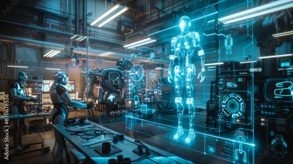 futuristic robotics lab where engineers are working on advanced robotic systems using holographic simulations futuristic robotics lab where engineers are working on advanced robotic systems using holographic simulations
