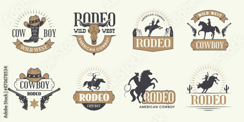 Cowboy badges. Rodeo games active character riding on bull recent vector templates
