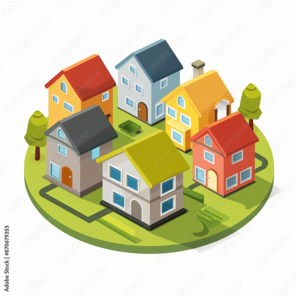 Modern Vector Icon of Houses Group with Central Items - Website Design Element on White Background Modern Vector Icon of Houses Group with Central Items - Website Design Element on White Background
