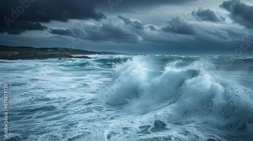The ocean is rough and the sky is dark and cloudy