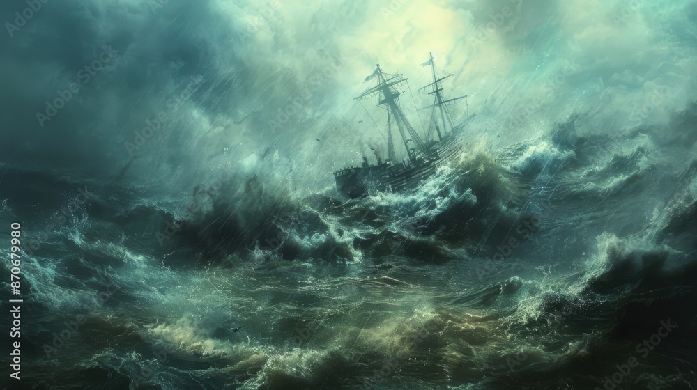 Fototapeta premium A large ship is sailing through rough waters with storm clouds in the background