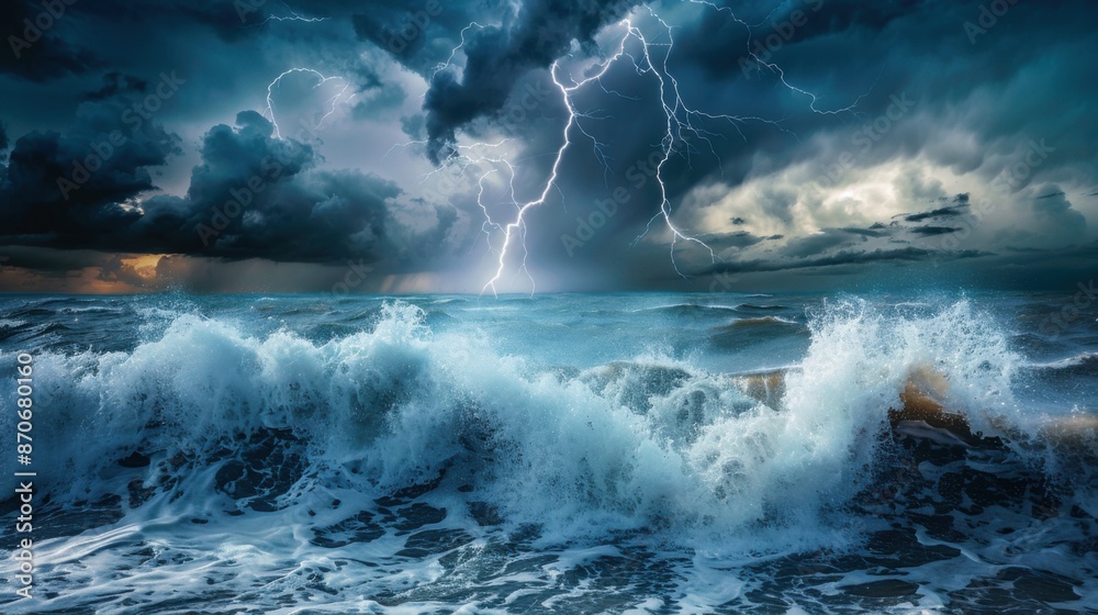 Obraz premium A stormy ocean with a lightning bolt in the sky