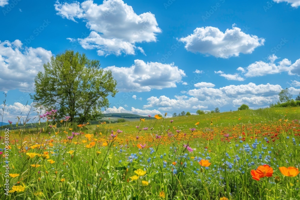 A field of flowers with a tree in the background A field of flowers with a tree in the background