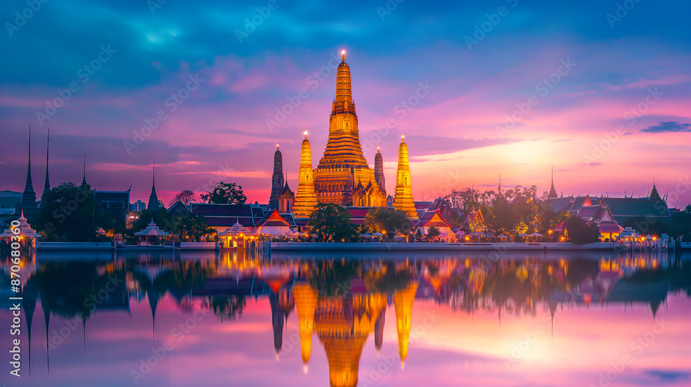 Obraz premium Wat Arun Ratchawararam Ratchawaramahawihan (Wat Arun) in Bangkok, Thailand during dusk. The temple is illuminated with warm, golden lights, highlighting its intricate architecture. 