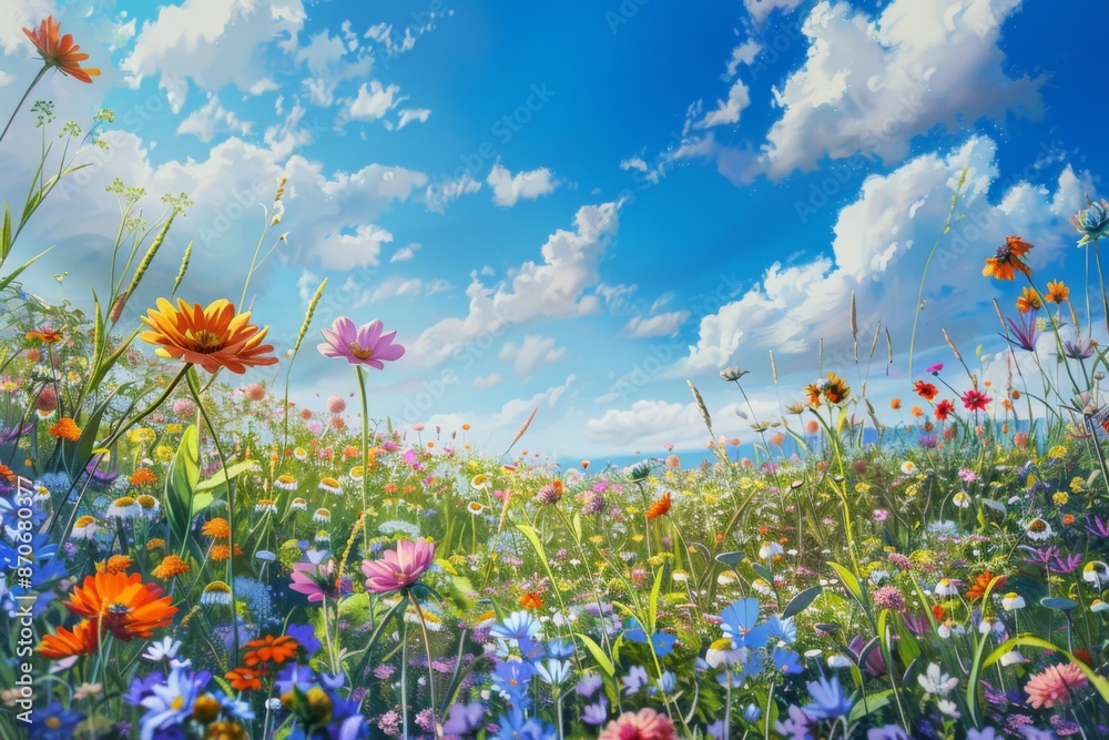 A field of flowers with a bright blue sky in the background A field of flowers with a bright blue sky in the background