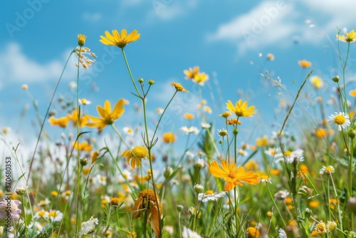 A field of flowers with a bright blue sky in the background