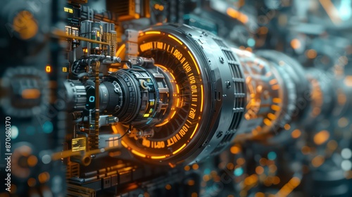 Data science visualization featuring a futuristic engine with blue, teal, and yellow colors on a white background, rendered in a 3D design for modern tech concepts.