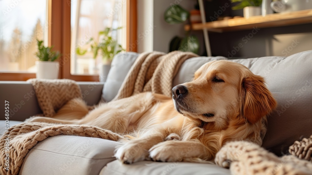 Obraz premium Golden Retriever Relaxing on a Couch with a Blanket