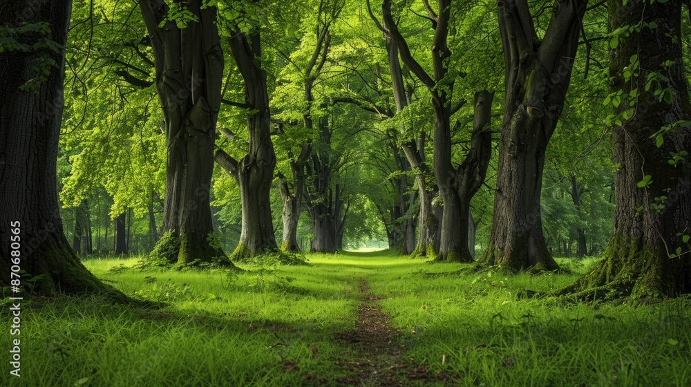 Fototapeta premium A quiet forest with a clear path leading to the horizon, representing clarity and direction.