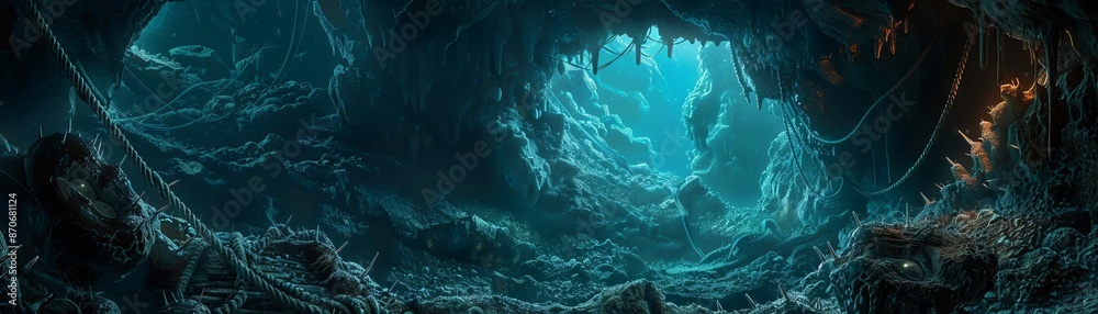 Fototapeta premium Explorer fallen into a trap, ropes and spikes, dim cave lighting, tense atmosphere, detailed illustration