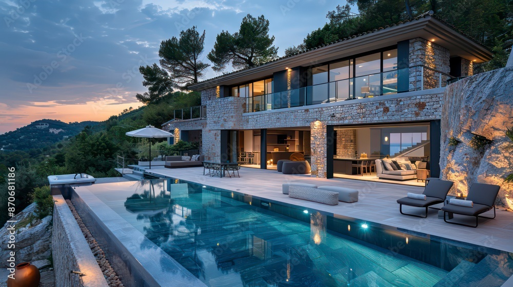 Obraz premium A modern villa offers tranquility with an amazing view, featuring a collection of unique artworks and design objects, creating a creative and serene nighttime ambiance.