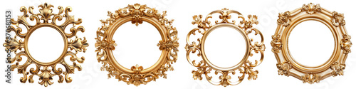 Set of Antique round circle gold mirror frame isolated on the transparent background